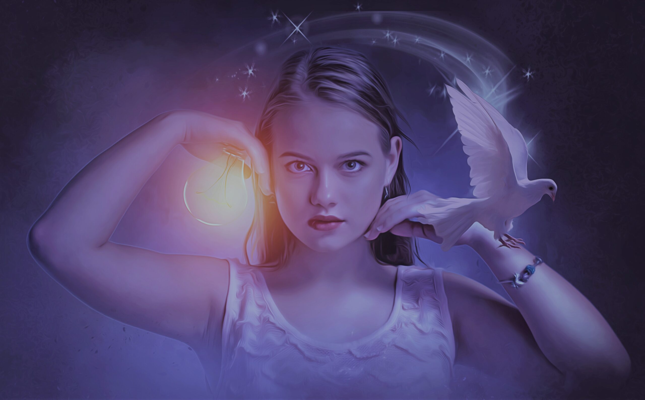 Young woman with a lightbulb in one hand and a dove in the other