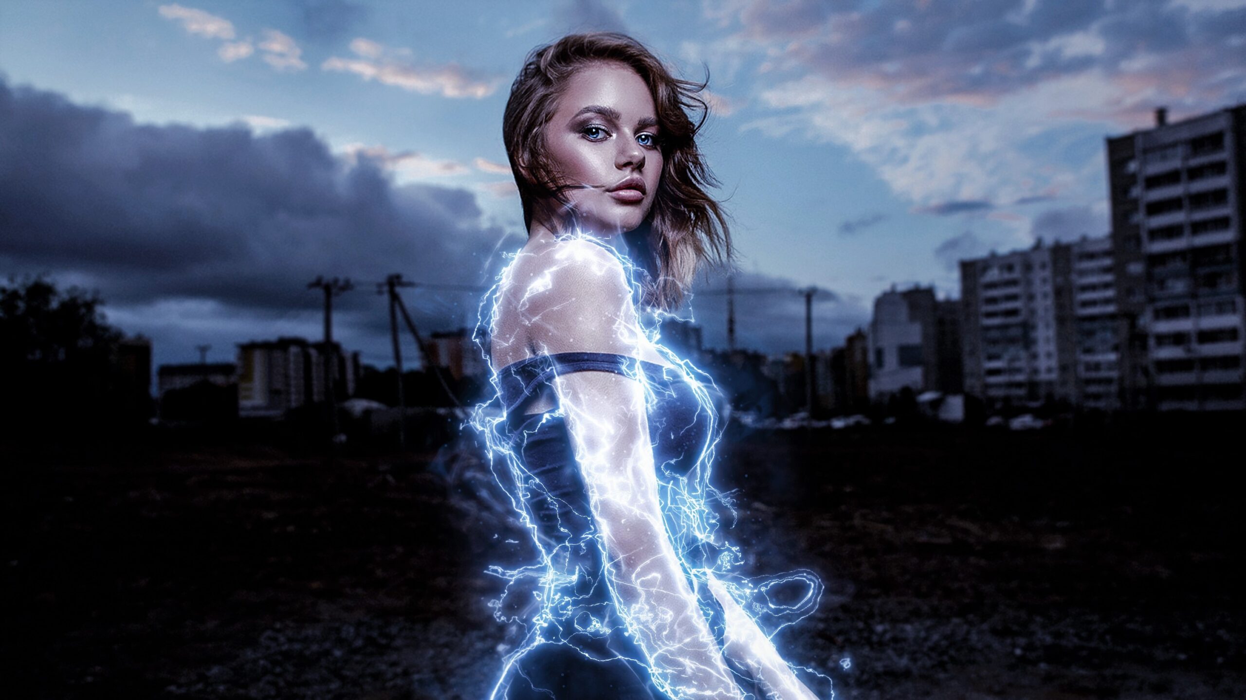 Woman with a magic shield of energy around her standing outside