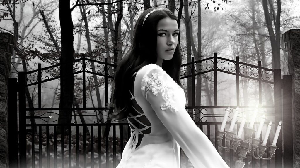 Woman in a white dress walking through a cemetery with candlesticks