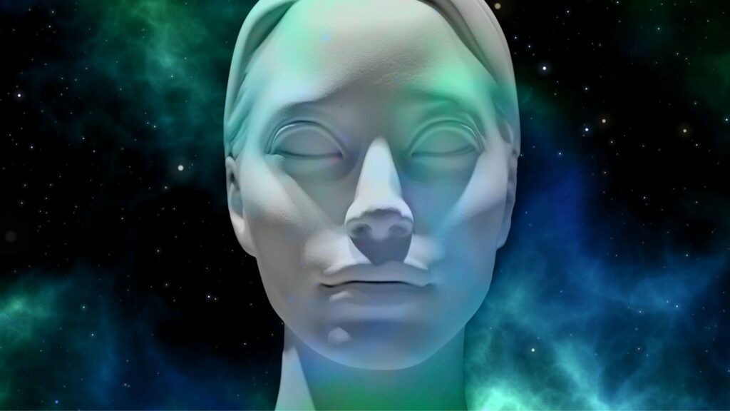 Female marble statue head in space