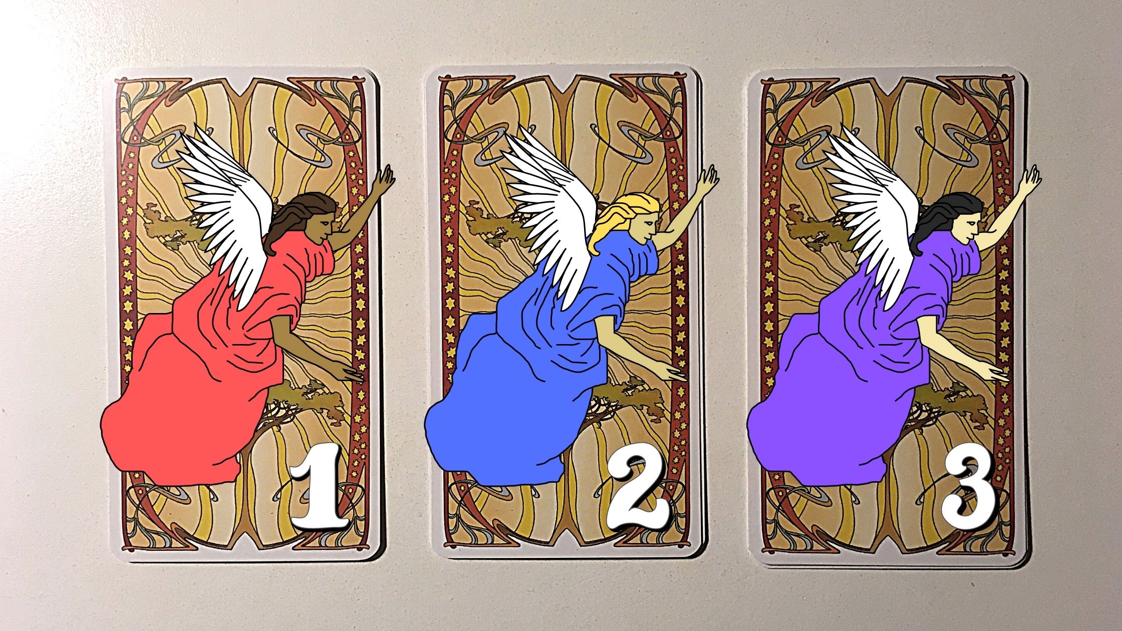 Three tarot pick a card piles with angels on them