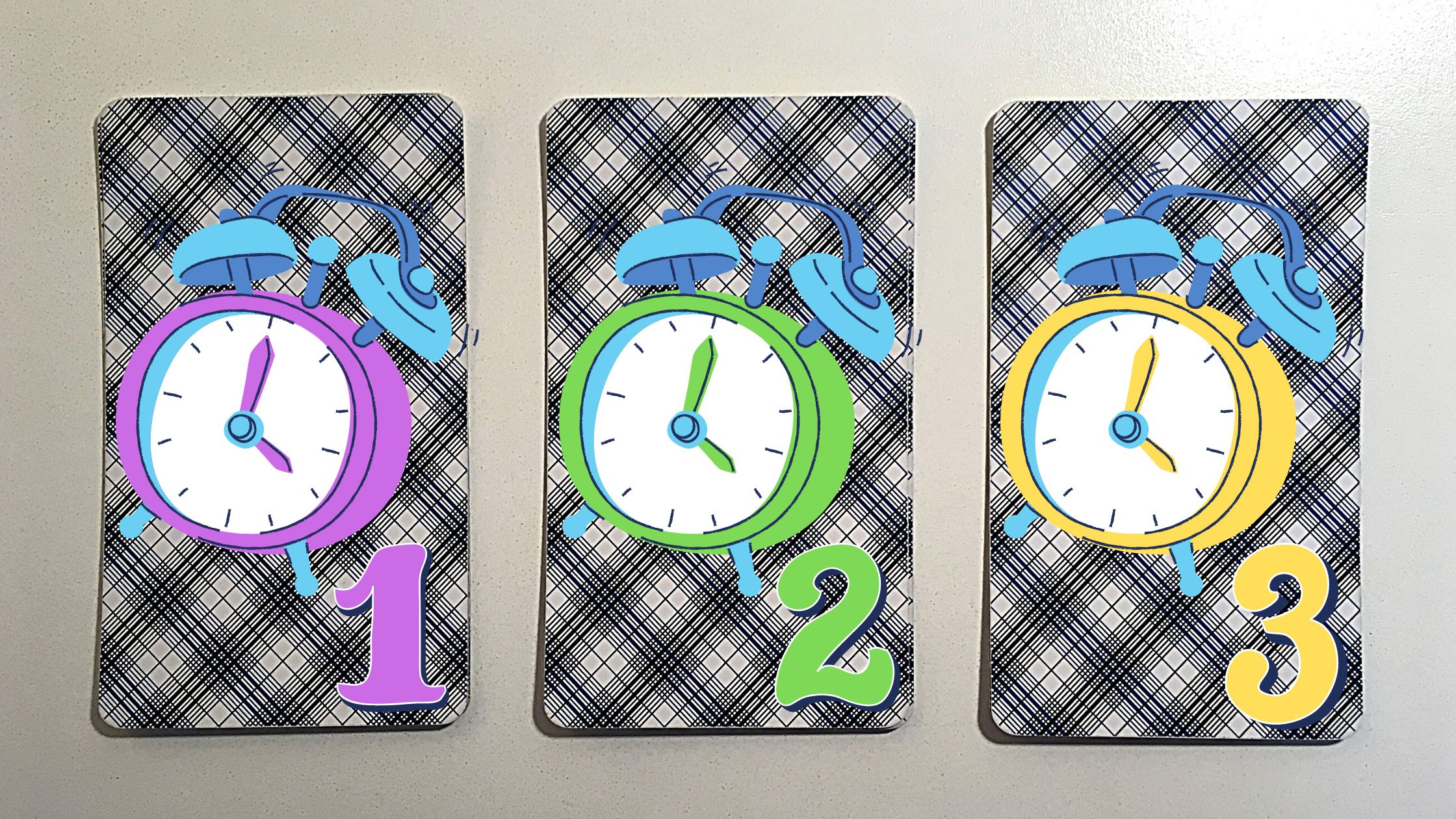 Three tarot pick a card piles from the Rider-Waite deck with clocks on them