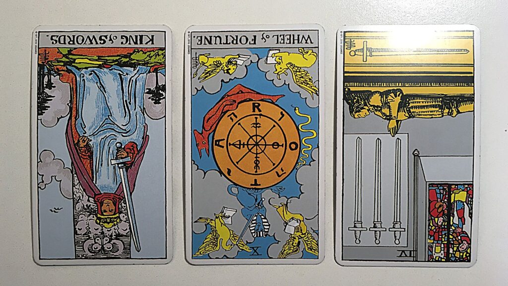 Three tarot cards from the Rider-Waite deck