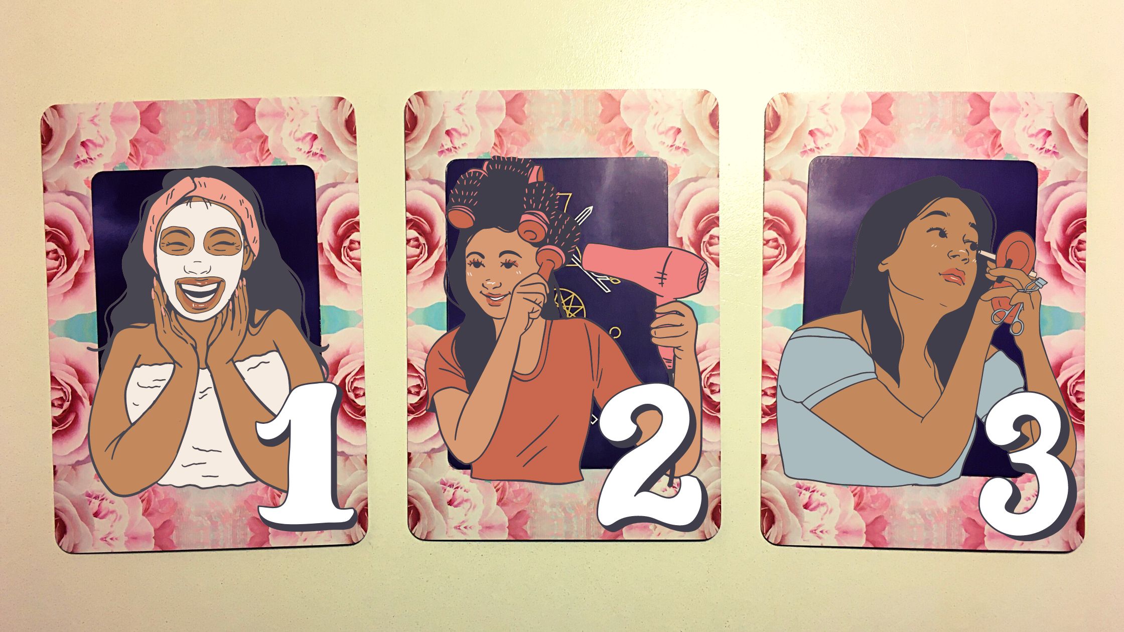 Three tarot and oracle pick a card piles with women performing self-care on them