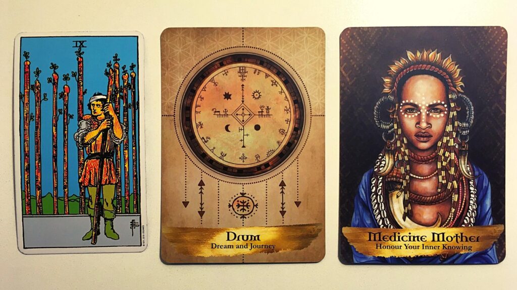 Nine of Swords from the Rider-Waite tarot deck; the Drum and Medicine Mother cards from the Angels and Ancestors Oracle deck