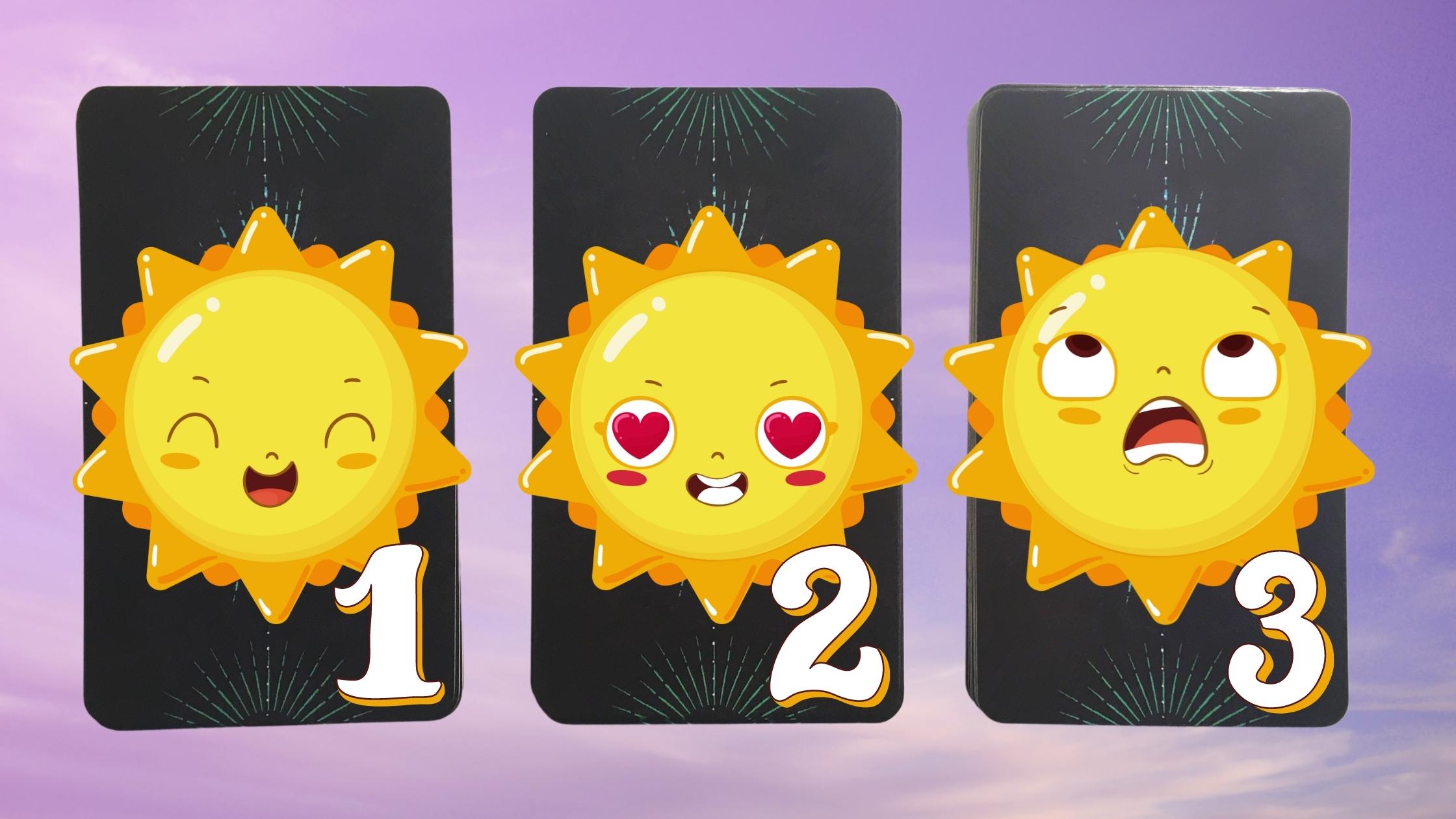 Three tarot pick a card piles with cartoon suns on them