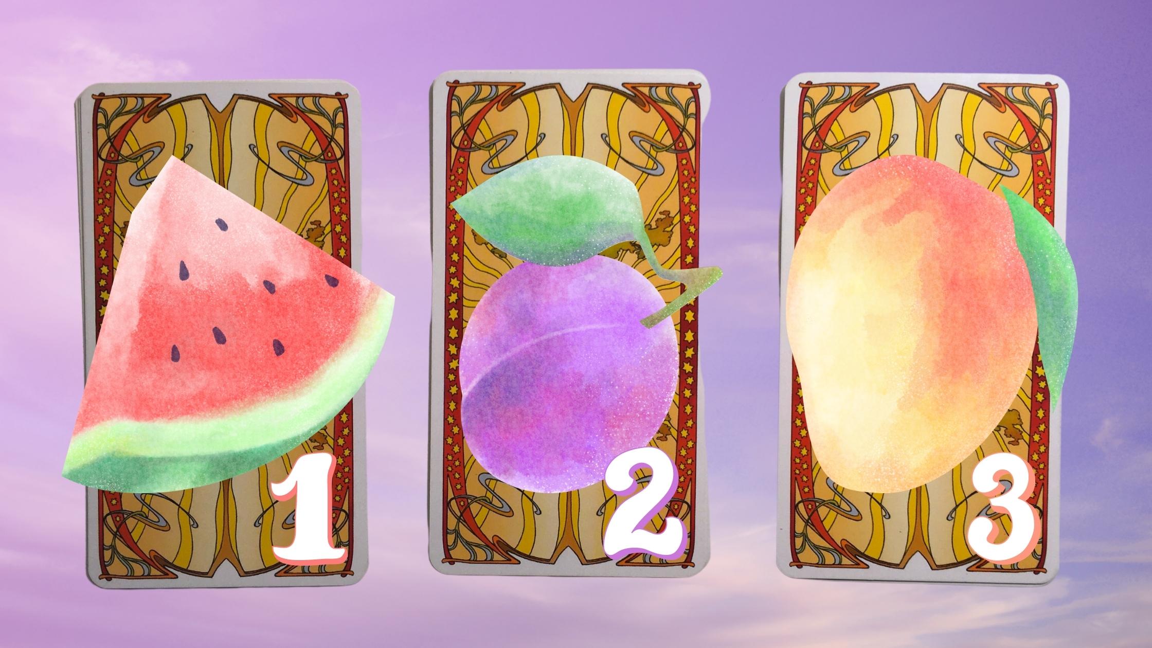 Three tarot and oracle pick a card piles with fruit on them