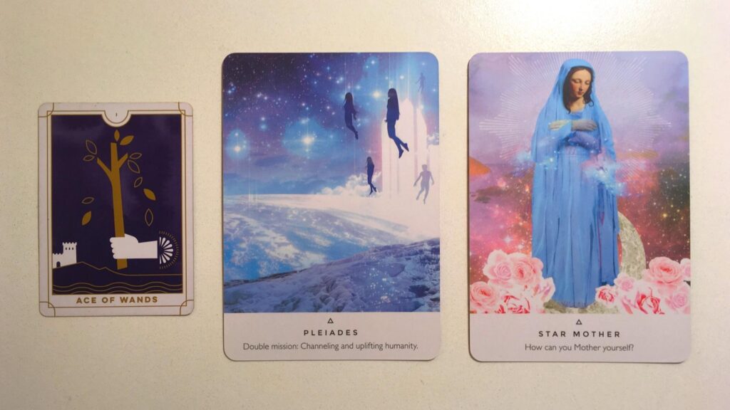 Ace of Wands from the Everyday Tarot deck; the Pleiades and Star Mother cards from the Work Your Light oracle deck