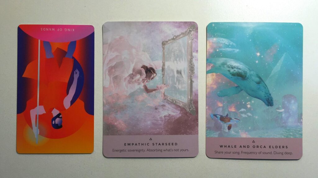 Card from the Mystic Mondays Tarot and two cards from the Starseed Oracle decks