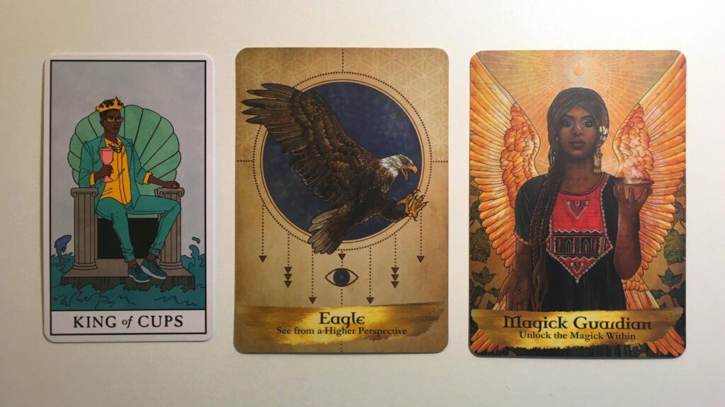 Card from the Modern Witch Tarot and two cards from the Angels and Ancestors Oracle deck