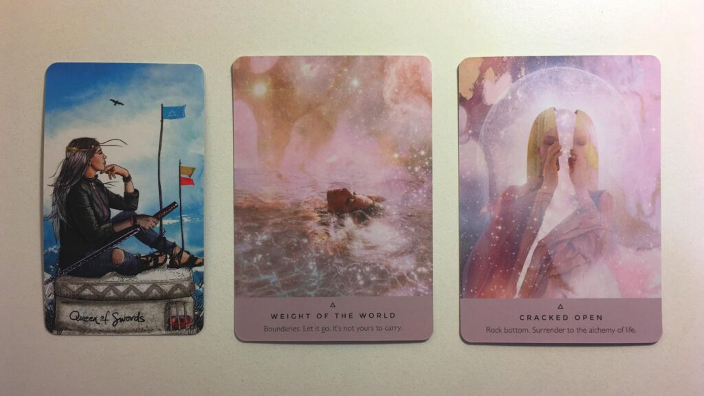 Card from the Light Seer's tarot and two cards from the Starseed Oracle decks