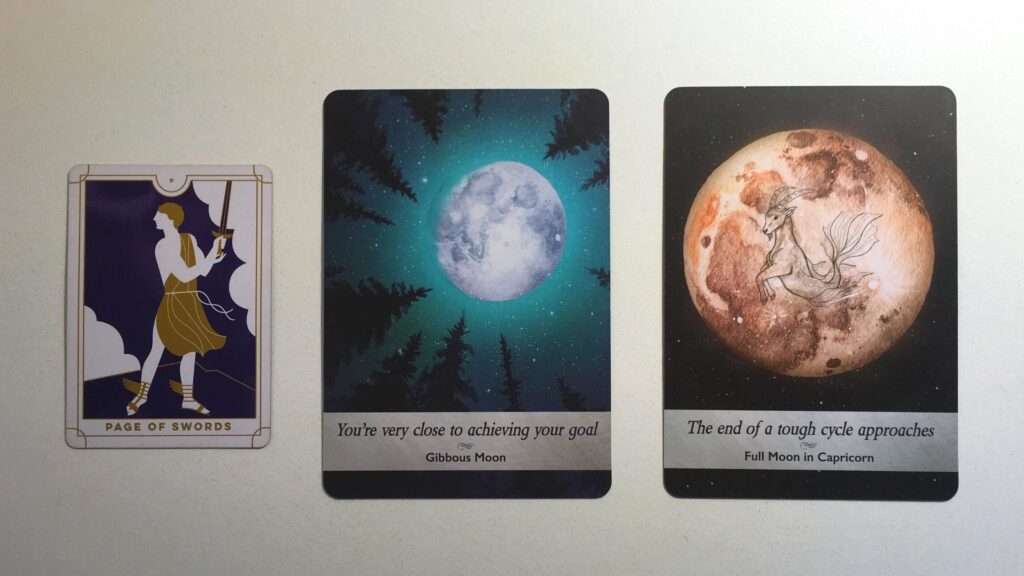 Card from the Everyday Tarot deck and two cards from the Moonology oracle deck