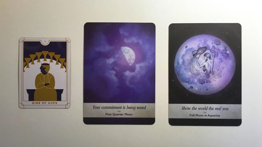 Card from the Everyday Tarot deck and two cards from the Moonology Oracle deck