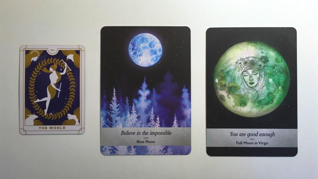 Card from the Everyday Tarot deck and two cards from the Moonology Oracle deck