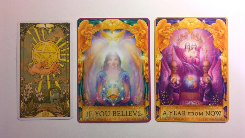 Card from the Golden Art Nouveau Tarot and two cards from the Angel Answers Oracle deck