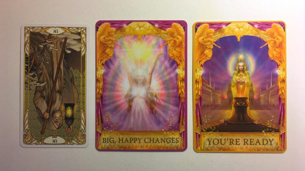 Card from the Golden Art Nouveau Tarot and two cards from the Angel Answers Oracle deck