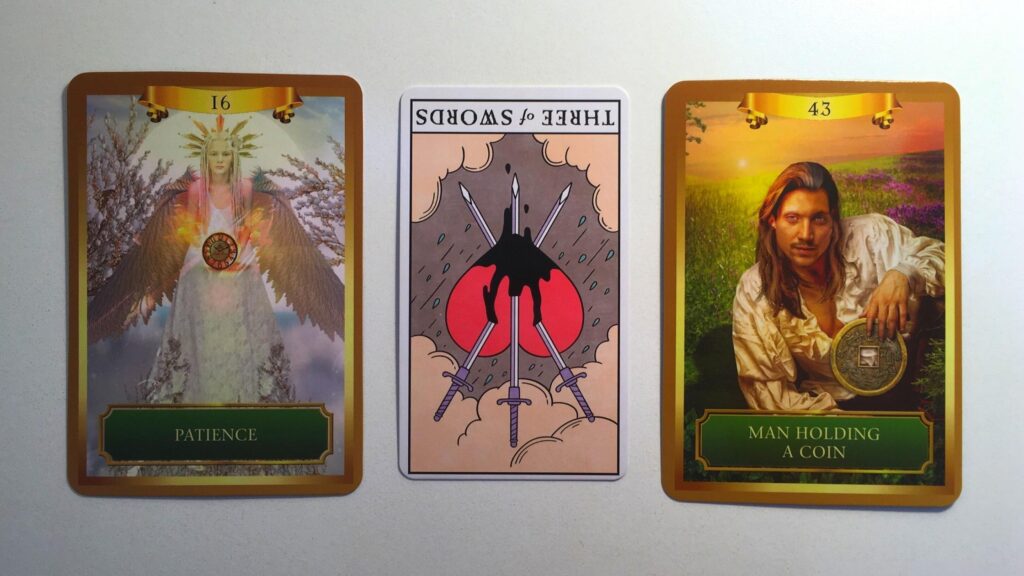 Two cards from the Energy Oracle and one card from the Modern Witch Tarot