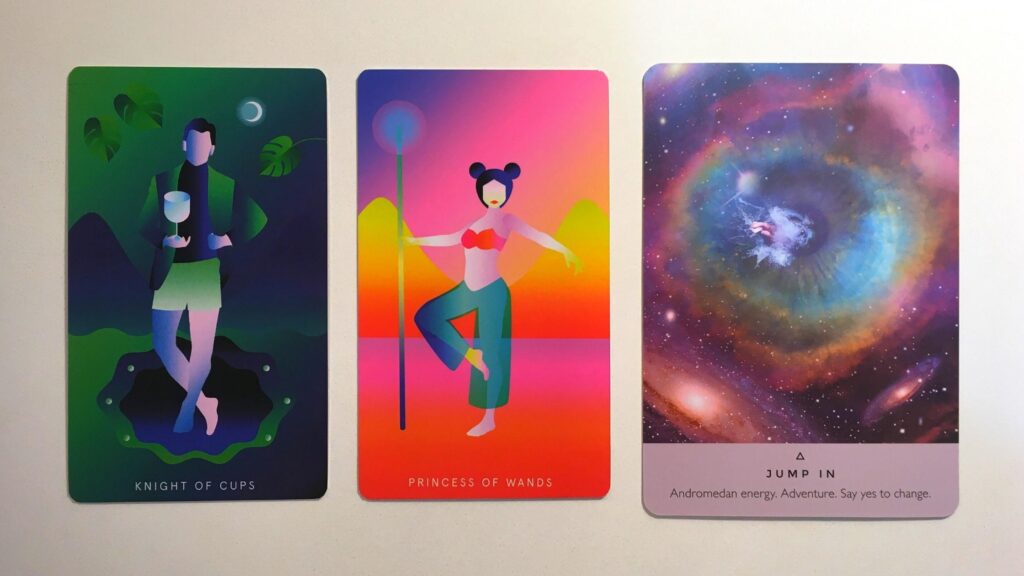 Two cards from the Mystic Mondays Tarot and one card from the Starseed Oracle