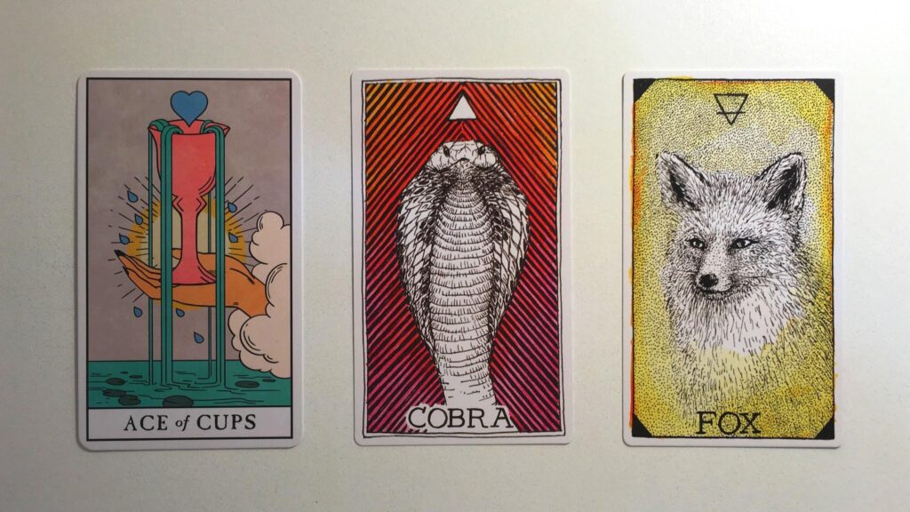 Card from the Modern Witch Tarot and two cards from the Animal Spirit Oracle decks