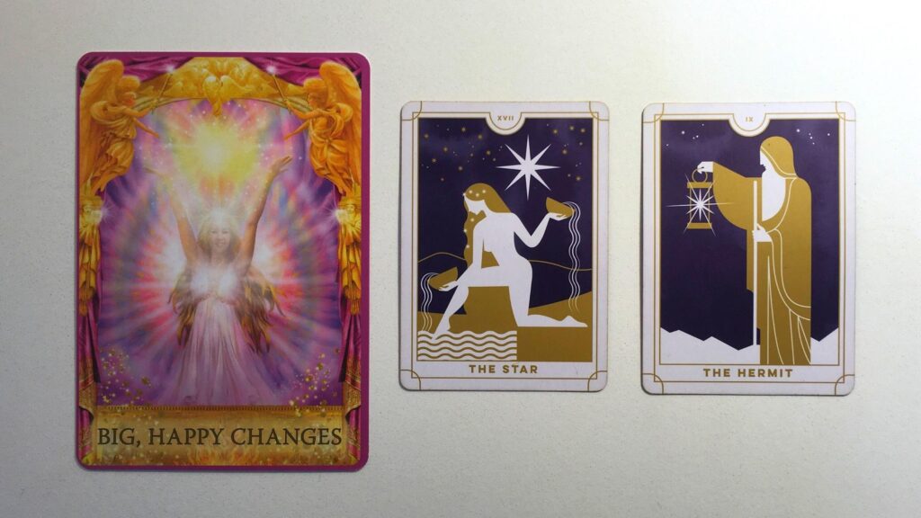 Card from the Angel Answers and two cards from the Everyday Tarot decks