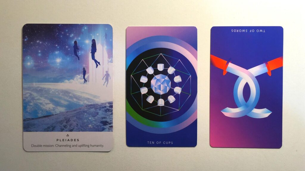 Card from the Work Your Light Oracle and two cards from the Mystic Mondays Tarot decks