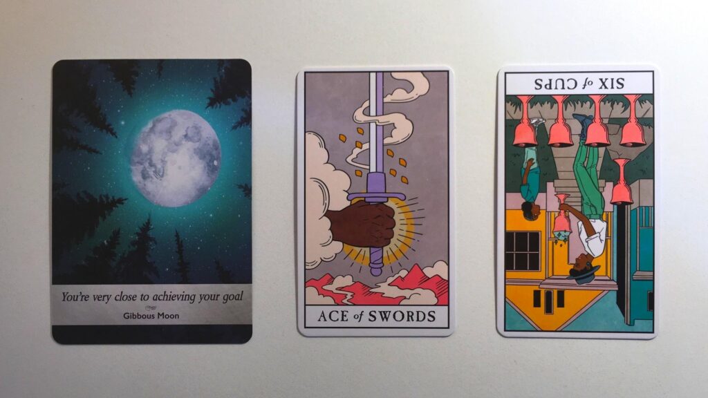 Card from the Moonology Oracle and two cards from the Modern Witch Tarot