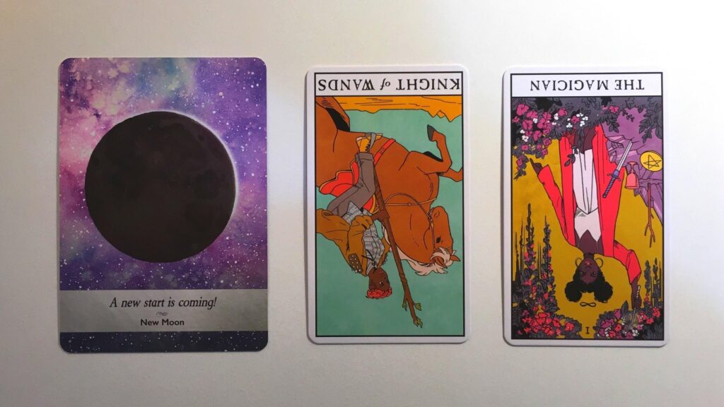 Card from the Moonology Oracle and two cards from the Modern Witch Tarot