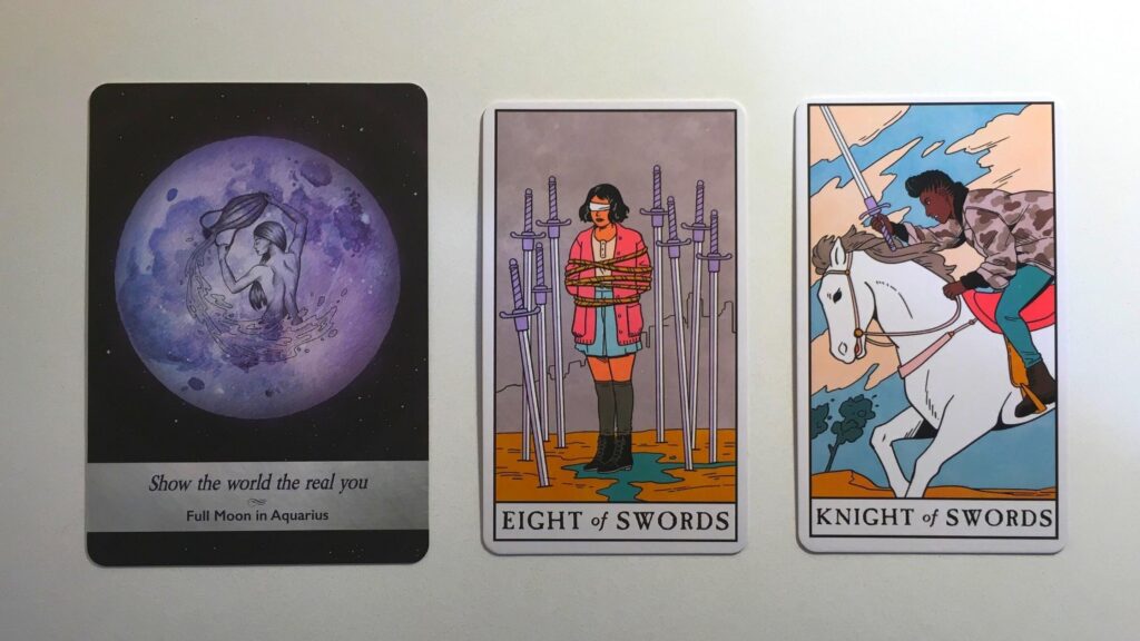 Card from the Moonology Oracle and two cards from the Modern Witch Tarot