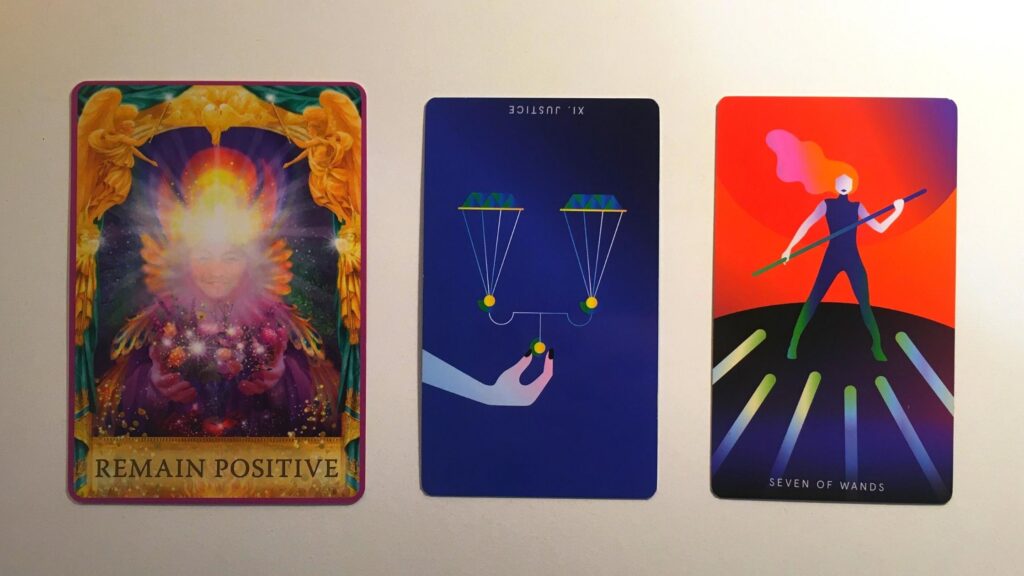 Card from the Angel Answers Oracle and two cards from the Mystic Mondays Tarot decks