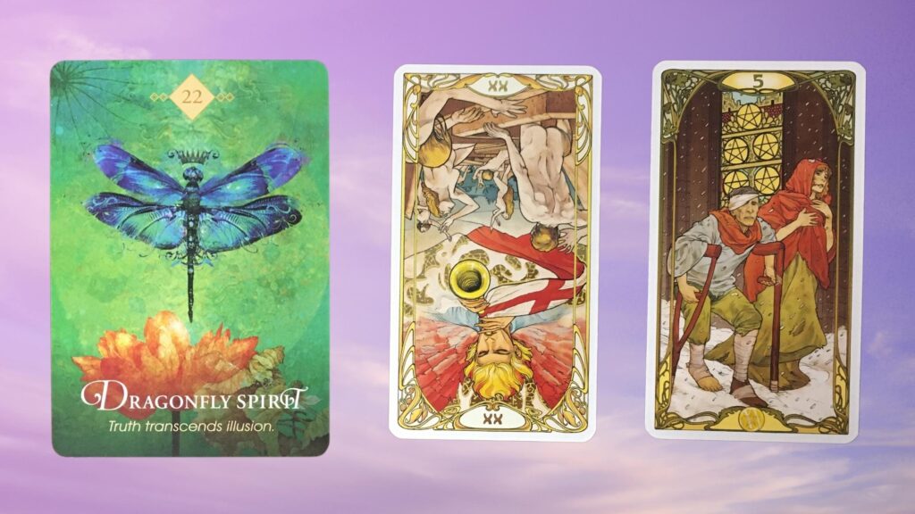 Cards from the Golden Art Nouveau Tarot and the Animal Spirit Oracle decks