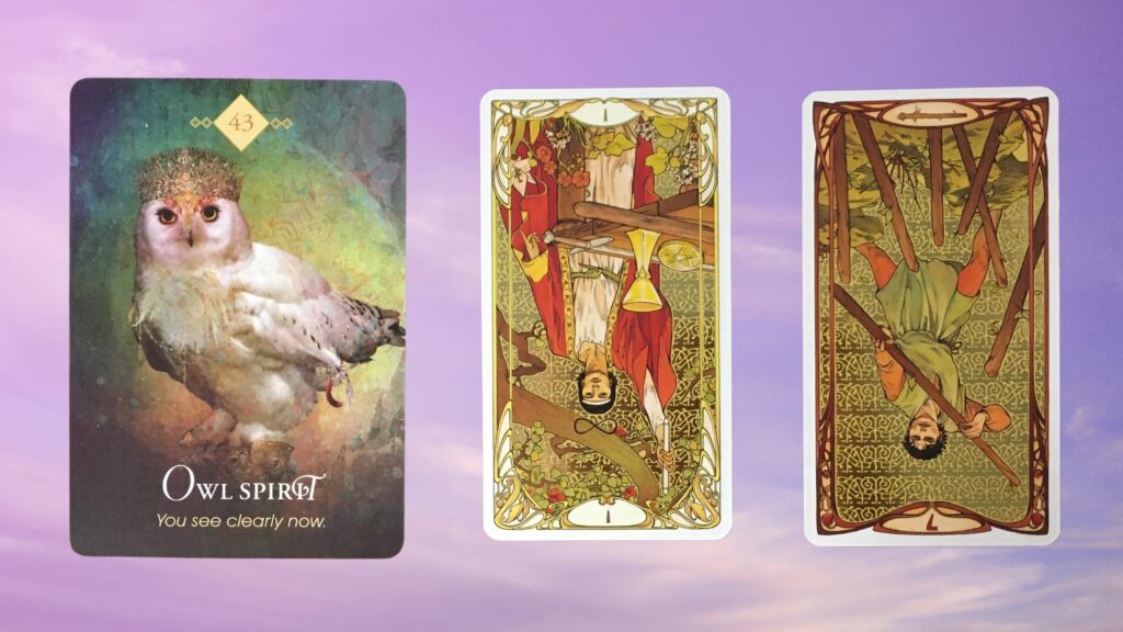 Cards from the Golden Art Nouveau Tarot and the Animal Spirit Oracle decks