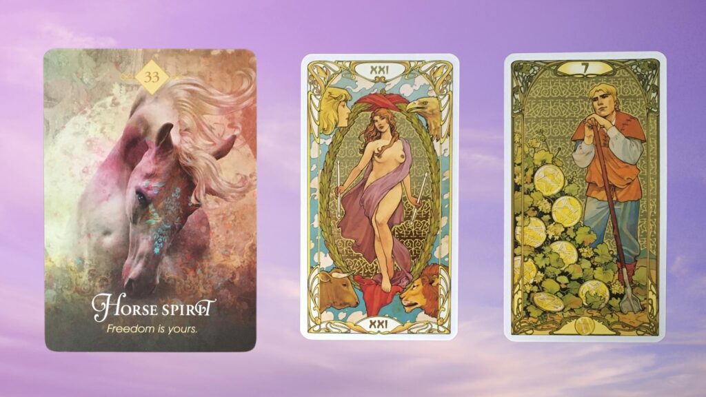 Cards from the Golden Art Nouveau Tarot and the Animal Spirit Oracle decks