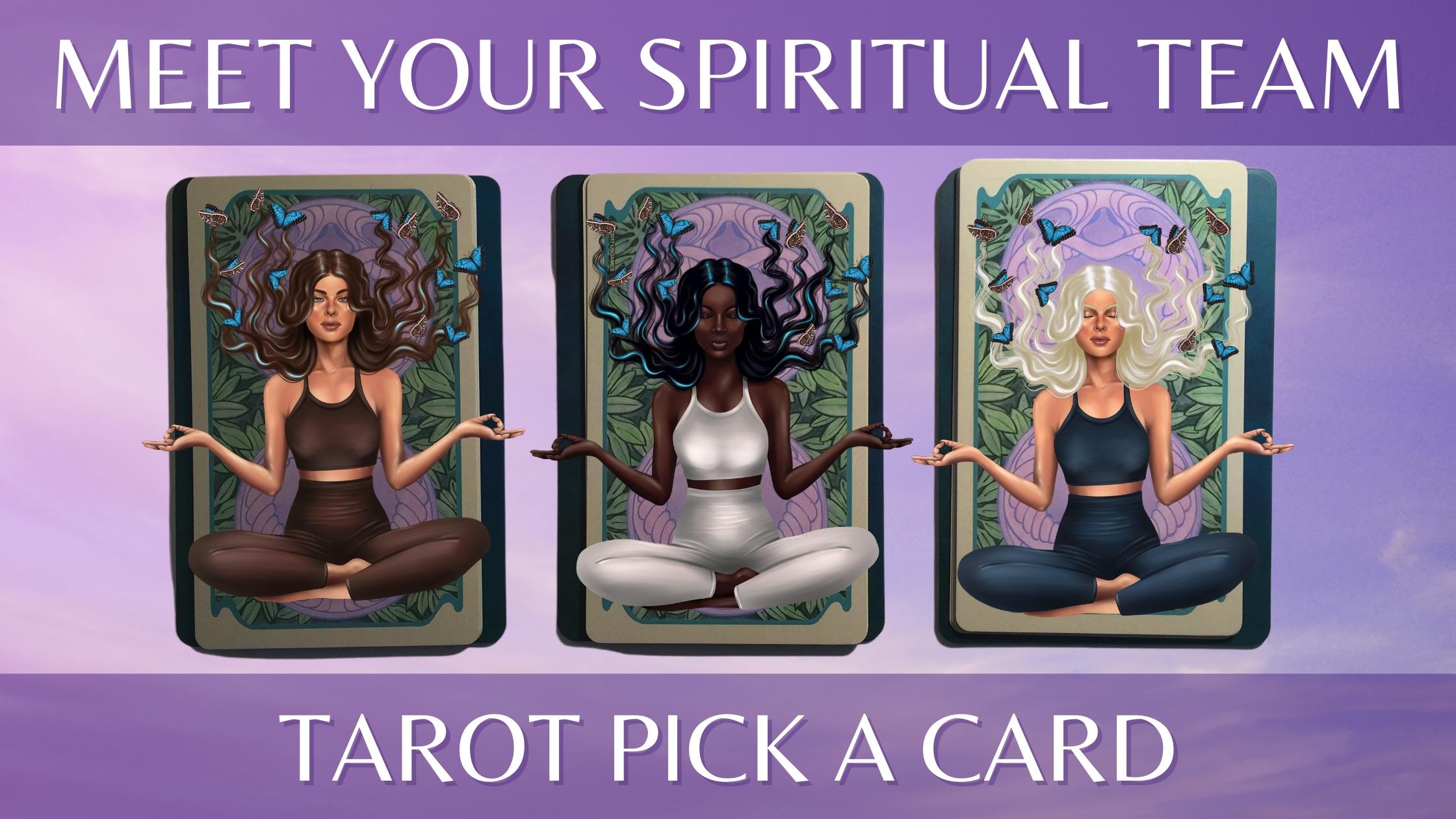 Three tarot and oracle pick a card piles with meditating women on them