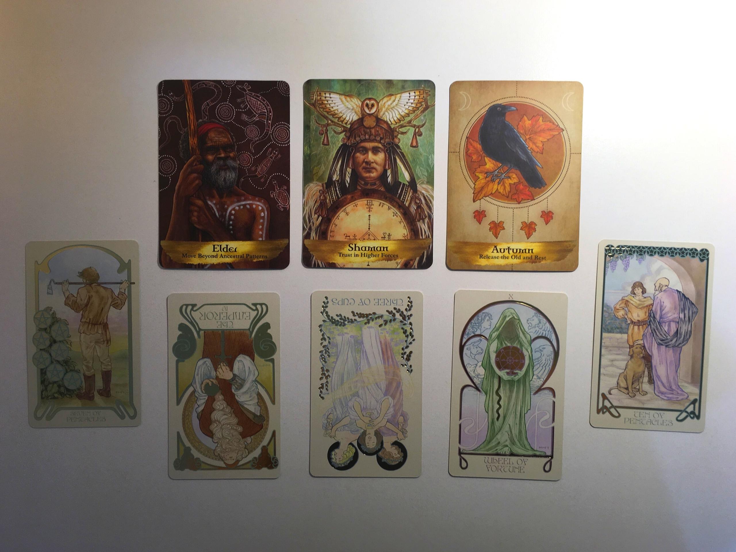 Cards from the Ethereal Visions Illuminated Tarot and Angels and Ancestors Oracle decks