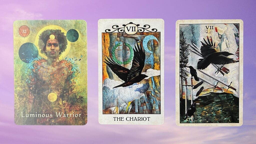 Cards from the Crow Tarot and the Mystical Shaman Oracle decks