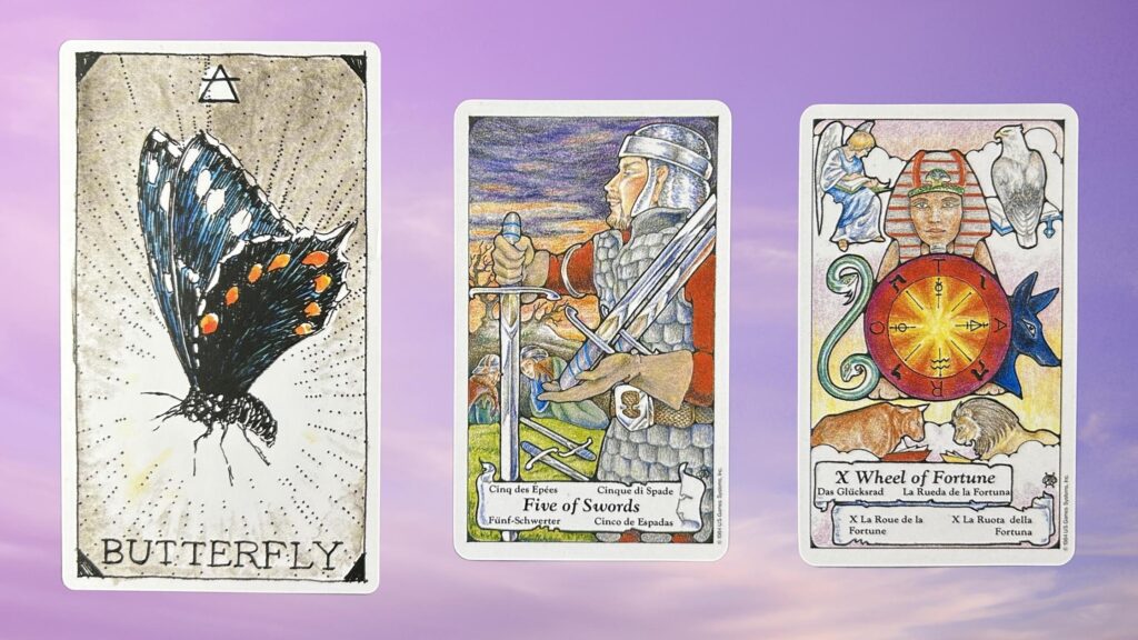 Cards from the Hanson-Roberts Tarot and the Wild Unknown Animal Spirit Oracle decks