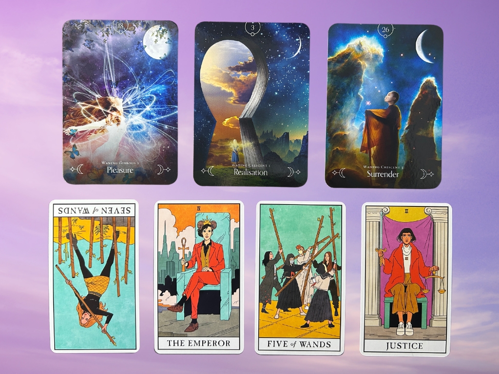 Cards from the Queen of the Moon Oracle and the Modern Witch Tarot decks