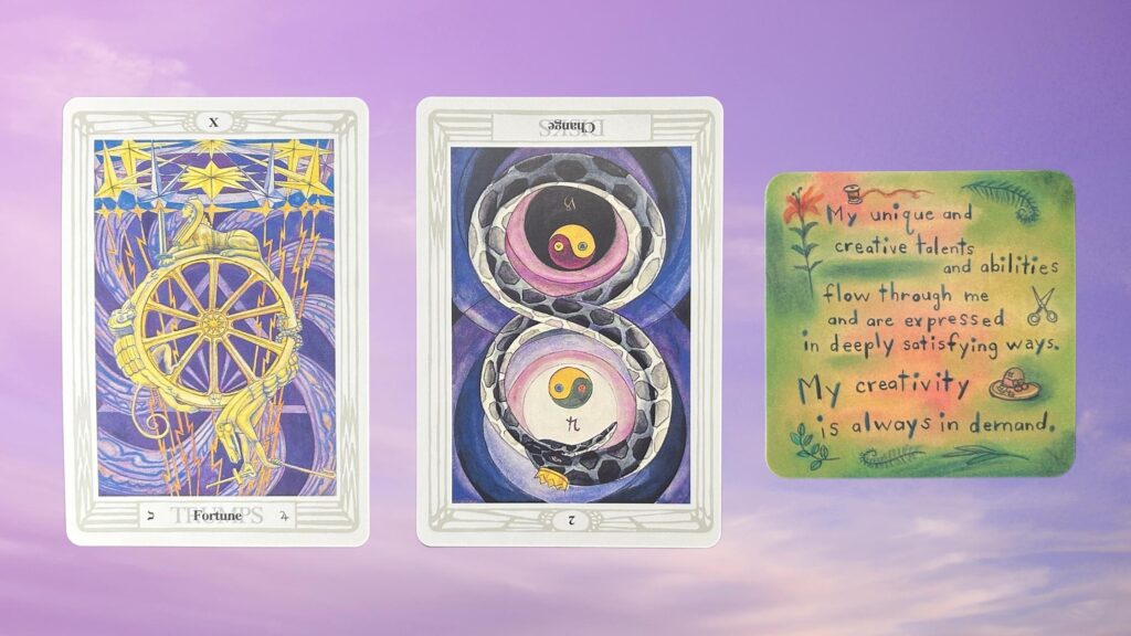 Cards from the Thoth Tarot and the Power Thoughts Oracle decks