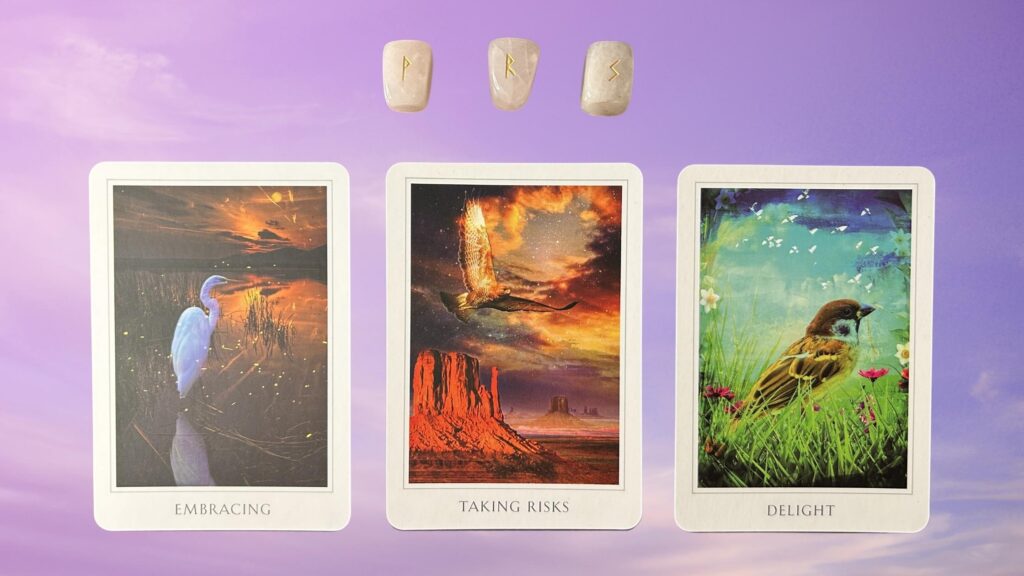 Runes and cards from the Sacred Destiny Oracle deck