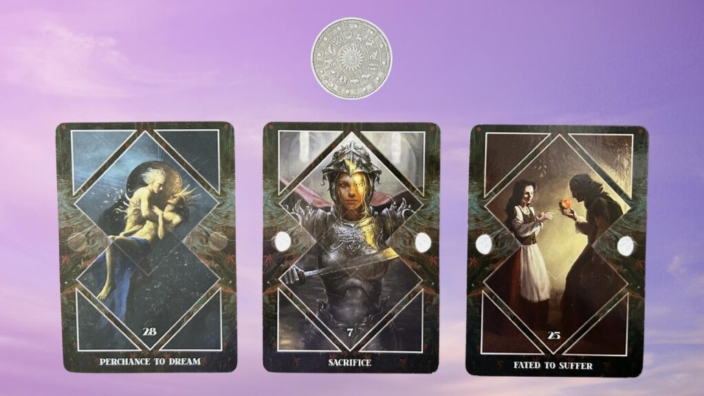 Cards from the Dark Mirror Oracle and a Zodiac Coin