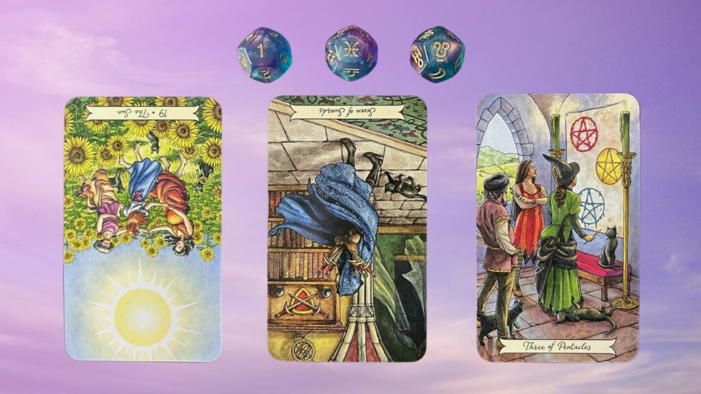 Three tarot cards from the Everyday Witch Tarot deck and Astro Dice