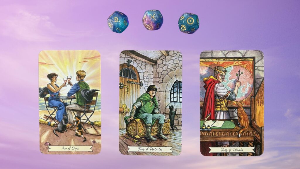 Three tarot cards from the Everyday Witch Tarot deck and Astro Dice