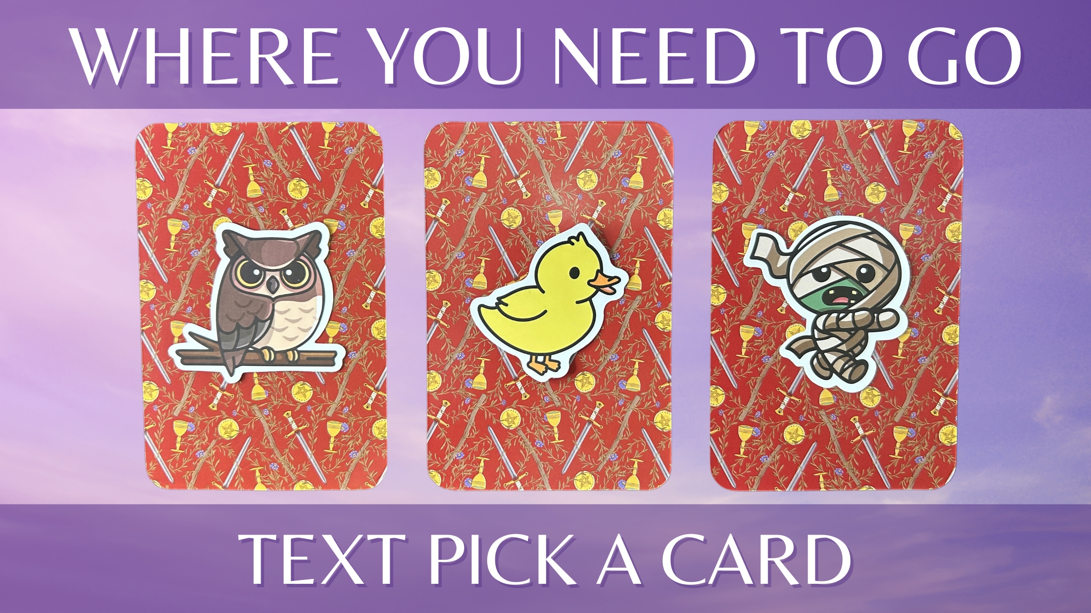 Three tarot pick a card piles with animal stickers on them