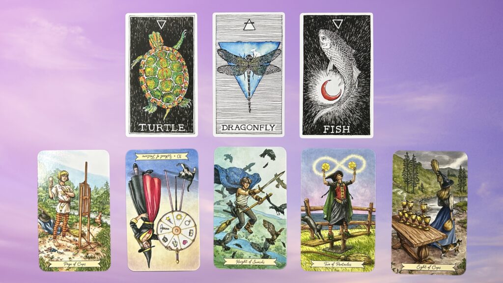 Cards from the Wild Unknown Animal Spirit Oracle and the Everyday Witch Tarot decks