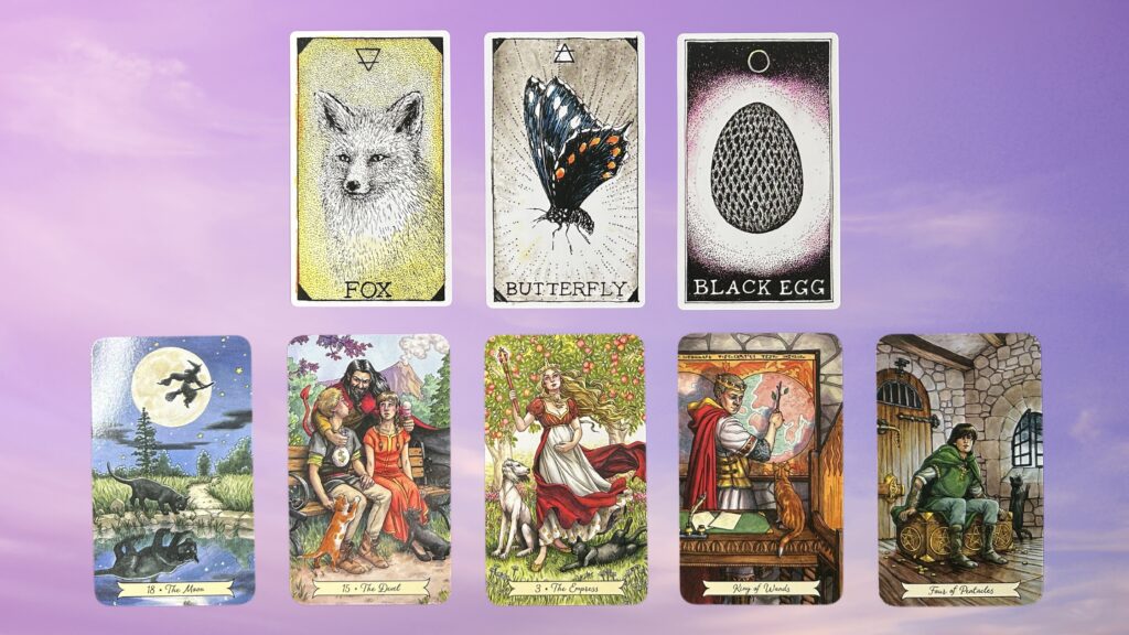 Cards from the Wild Unknown Animal Spirit Oracle and the Everyday Witch Tarot decks