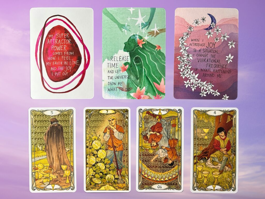 Cards from the Super Attractor Oracle and the Golden Art Nouveau Tarot deck