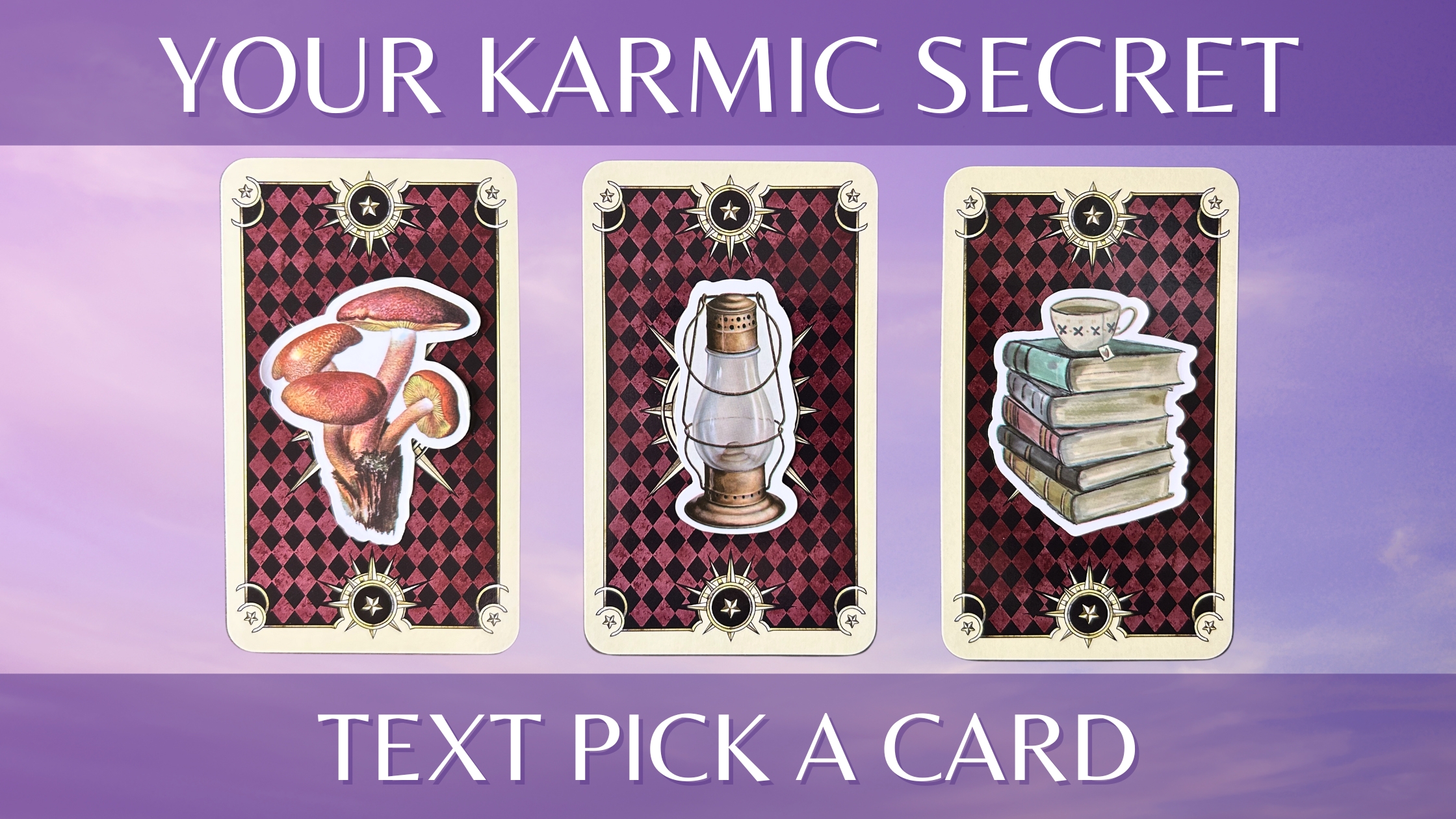 Three tarot pick a card piles with vintage illustrations on them: mushrooms, lamp, and books