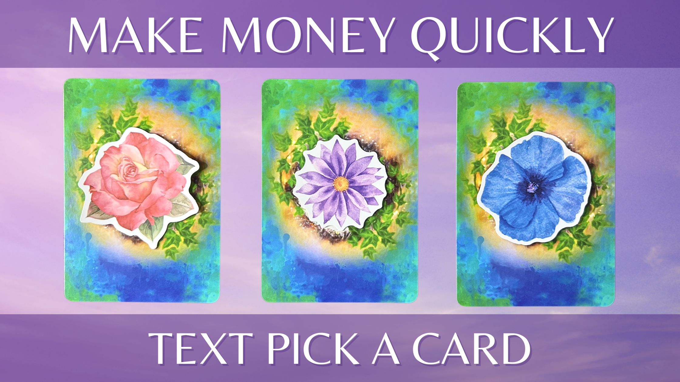 Three oracle card piles with flower stickers on them