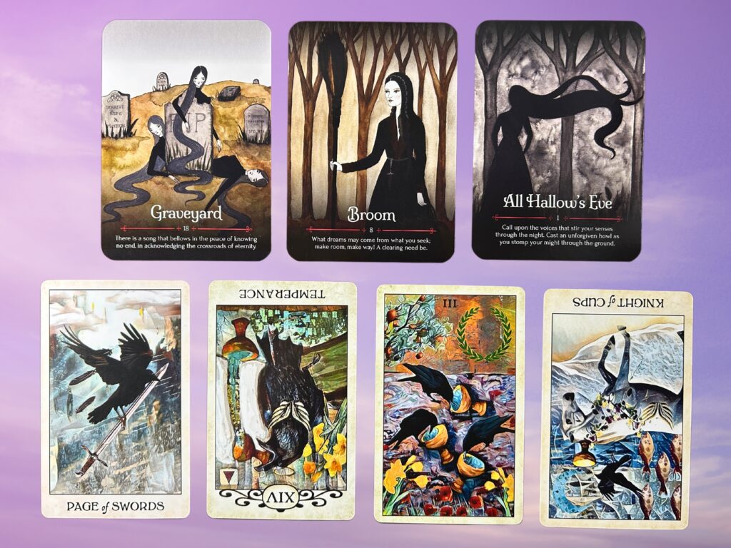 Cards from the Seasons of the Witch: Samhain Oracle and the Crow Tarot decks