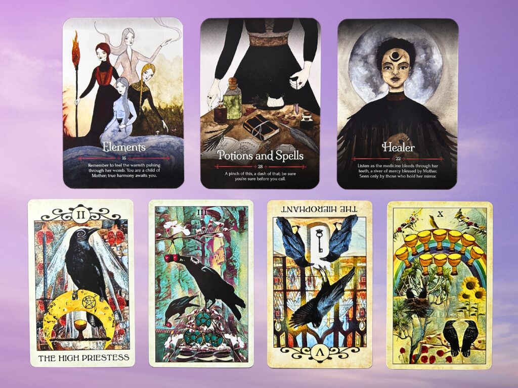 Cards from the Seasons of the Witch: Samhain Oracle and the Crow Tarot decks